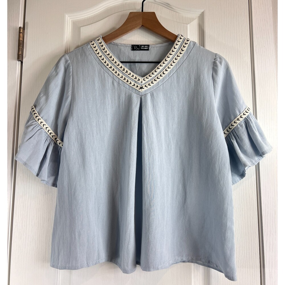 Y&J Women's Ruffle Sleeve V-Neck Top Blue Boho One Size Fits Most